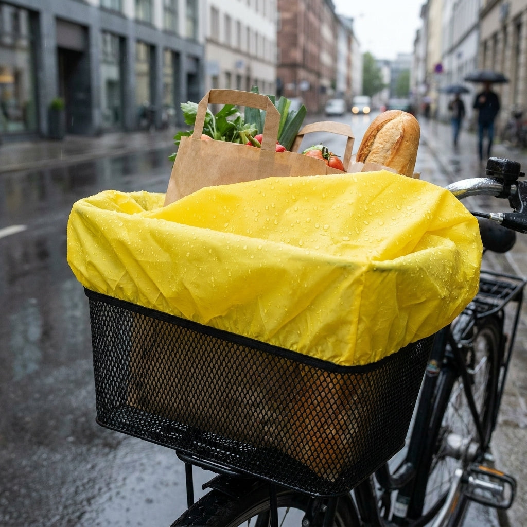 Gelbe Hock Regenschutzhaube 40x30 cm schützt Einkauf im Fahrradkorb vor Regen auf nasser Straße.