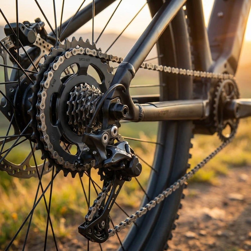KMC E-Bike Antriebsritzel, schwarz und langlebig, am Hinterrad mit Kassette und Kette im Sonnenlicht.