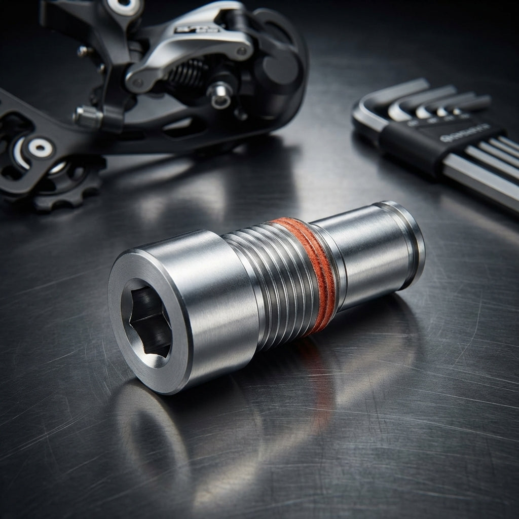 SHIMANO Deore RD-M4000 9-fach Schaltwerk Ersatzachse aus Metall mit O-Ring, daneben Schaltwerk und Inbusschlüssel.