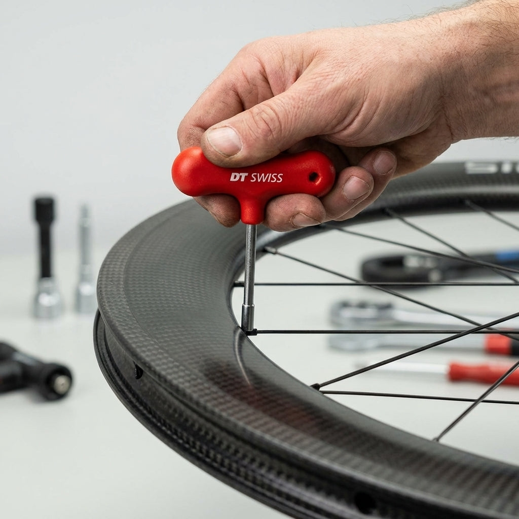 DT Swiss roter 4-kant Nippelspanner am Carbon-Fahrradlaufrad für innenliegende Nippel.