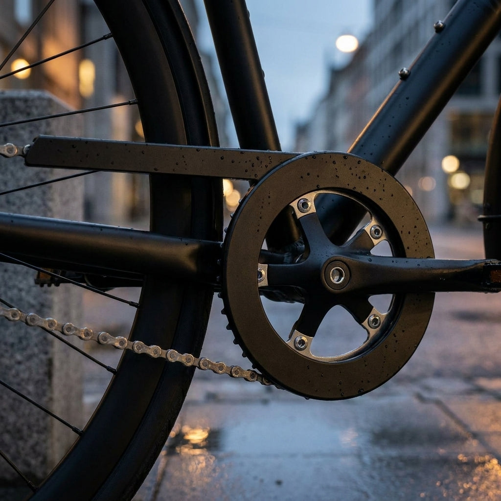 Herrmans Kettenschutz Slyde 38 Zähne, schwarz matt, an Fahrrad-Kurbelgarnitur auf nasser Straße.