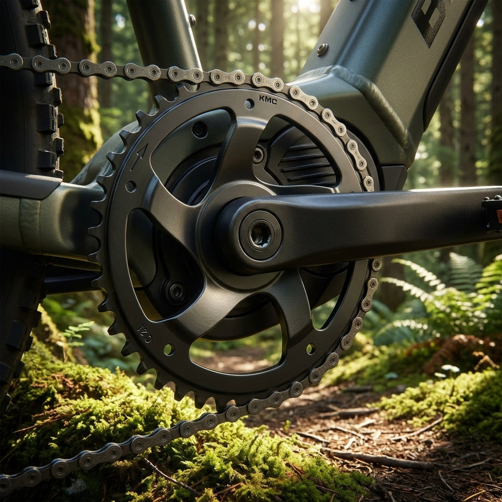 KMC E-Bike Kettenblatt 40 Zähne Bosch Gen. 4/5 Direct Mount am Mountainbike im Wald.