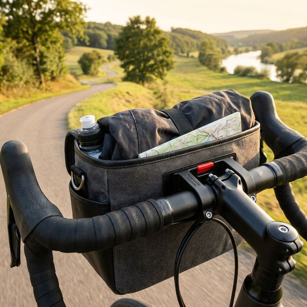KLICKfix Montagesockel A-HEAD am Fahrradlenker hält Tasche mit Karte auf malerischem Radweg.