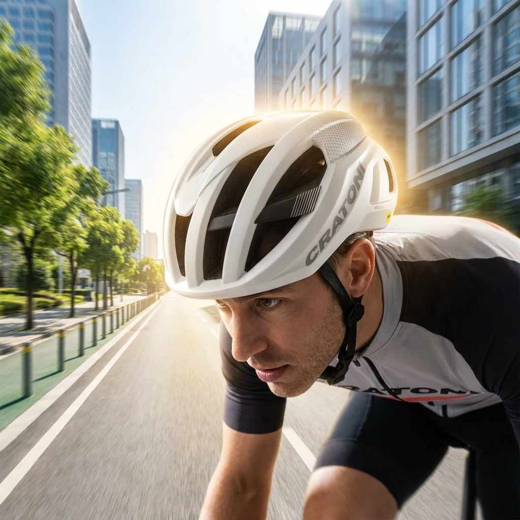 Mann trägt weißen Cratoni C-Zero MIPS Fahrradhelm beim Radfahren auf sonniger Straße.