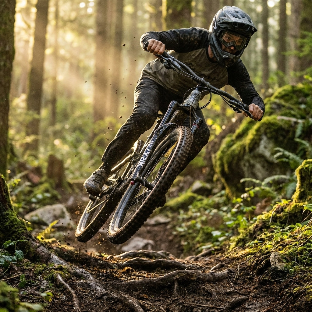 RockShox Lyrik Ultimate Gabel, glänzend schwarz, an springendem Mountainbike im Wald.