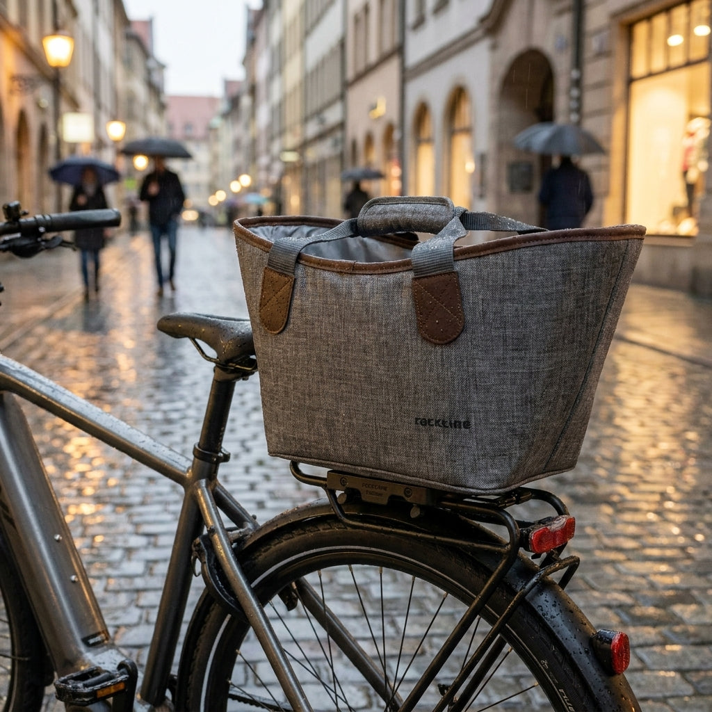 Racktime Agnetha Einkaufskorb grau am Fahrrad-Gepäckträger auf regennasser Kopfsteinpflasterstraße.