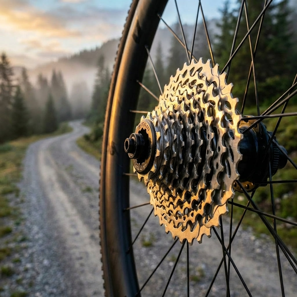 SRAM Kassette PG-1130 11-36T am Fahrrad Hinterrad auf Schotterweg im goldenen Morgenlicht.