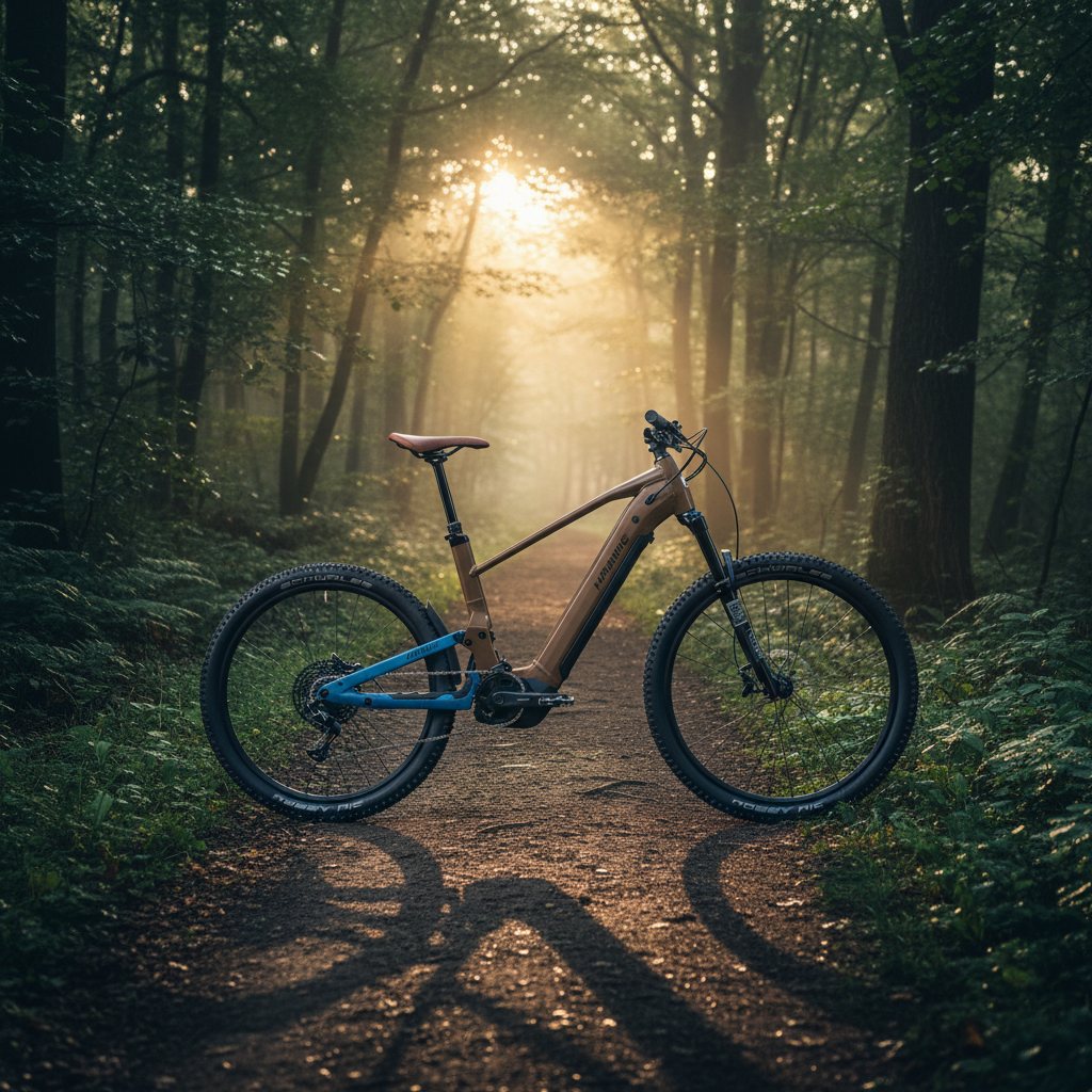 Haibike AllTrail 6 Fully E-MTB braun-blau auf sonnigem Waldweg, mit Bosch Performance Line CX und SRAM NX Eagle.