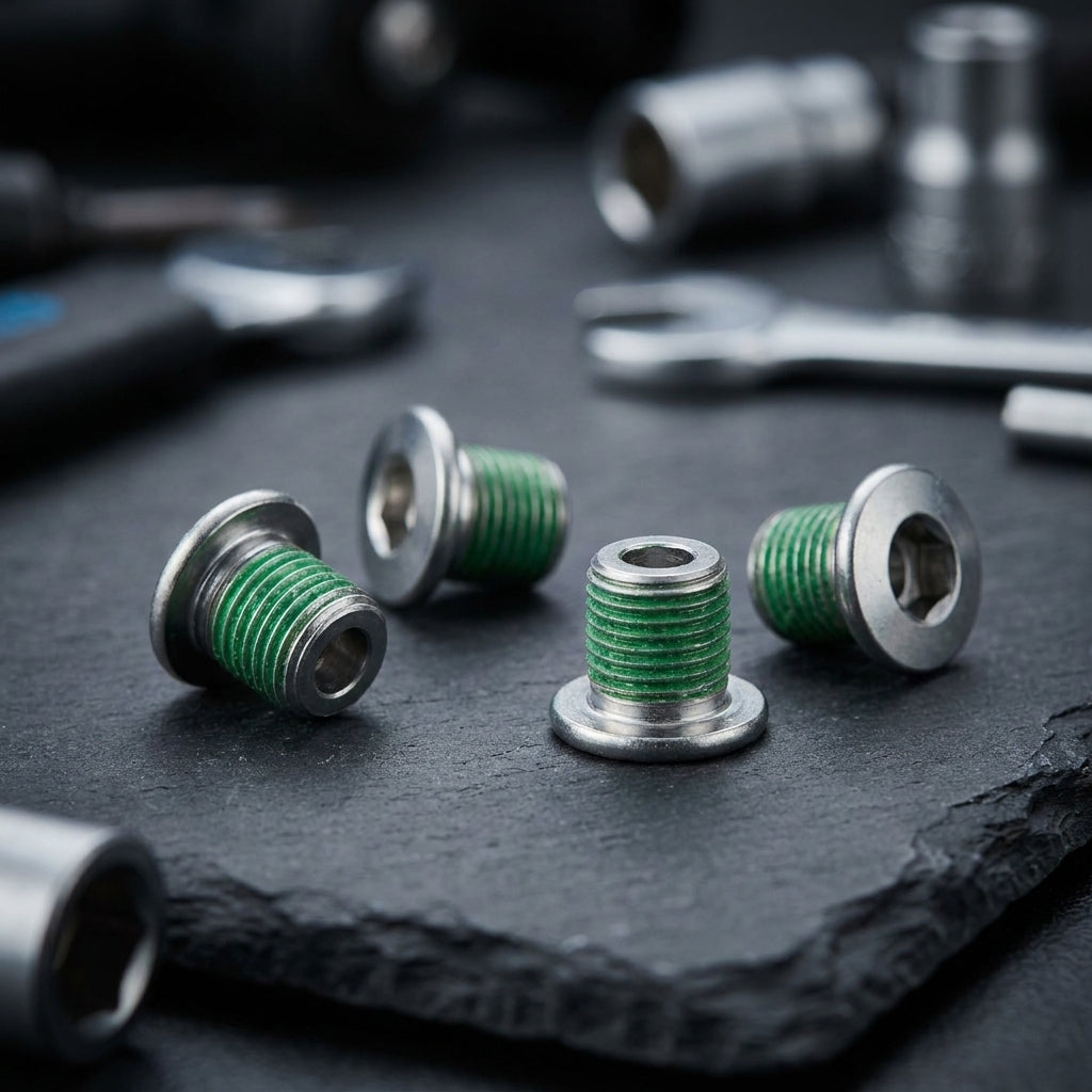 SHIMANO Kettenblattschrauben-Satz M8X8,5 (4 Stück) mit grünem Gewinde auf Schieferplatte und Werkzeug.