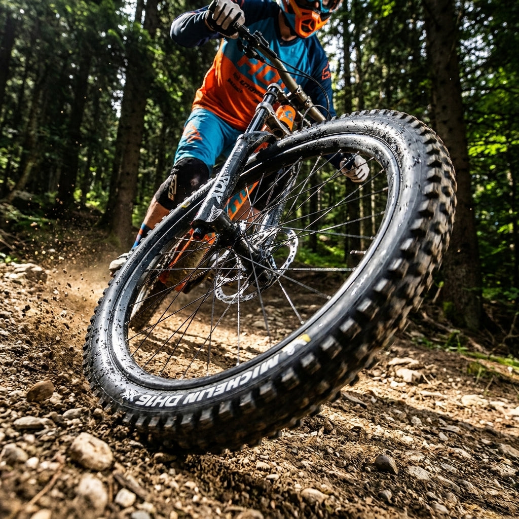 Michelin DH16 Racing Line Magi-X Faltreifen für Downhill und Freeride. Maximaler Grip, hohe Geschwindigkeit auf Mountainbike-Trails.