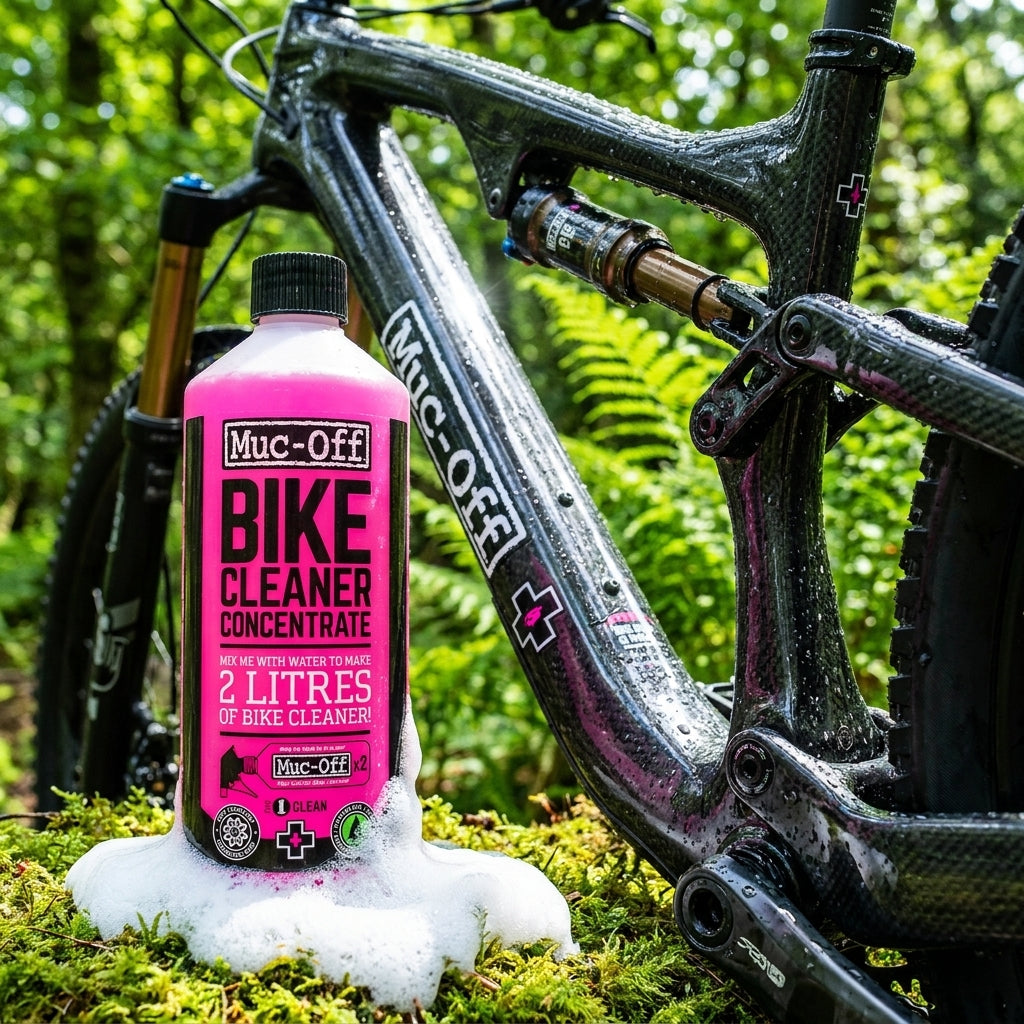 Rosa Muc-Off Bike Cleaner Konzentrat Nano Gel 500ml Flasche, neben einem feuchten Mountainbike im Wald.