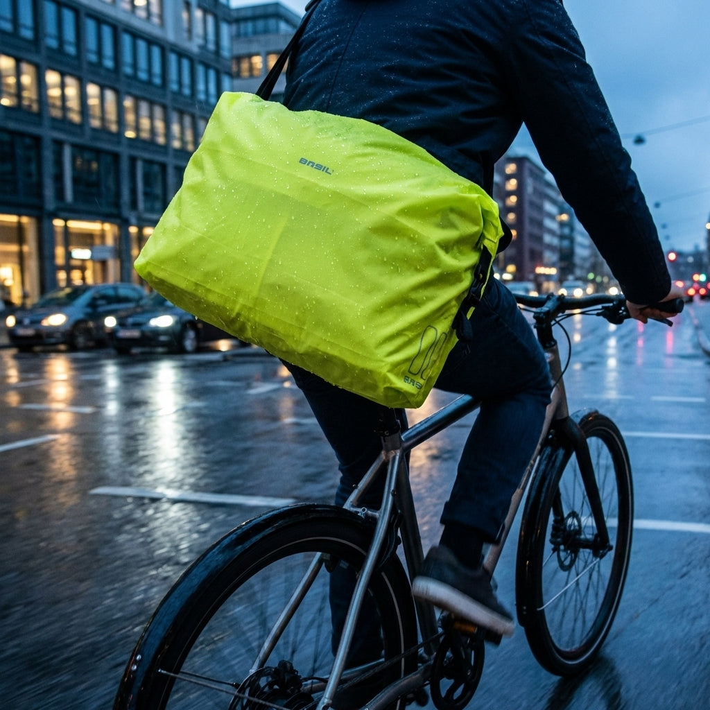 Fahrradfahrer mit neongelbem Basil Regencover Keep Dry and Clean auf regennasser Straße in der Stadt.
