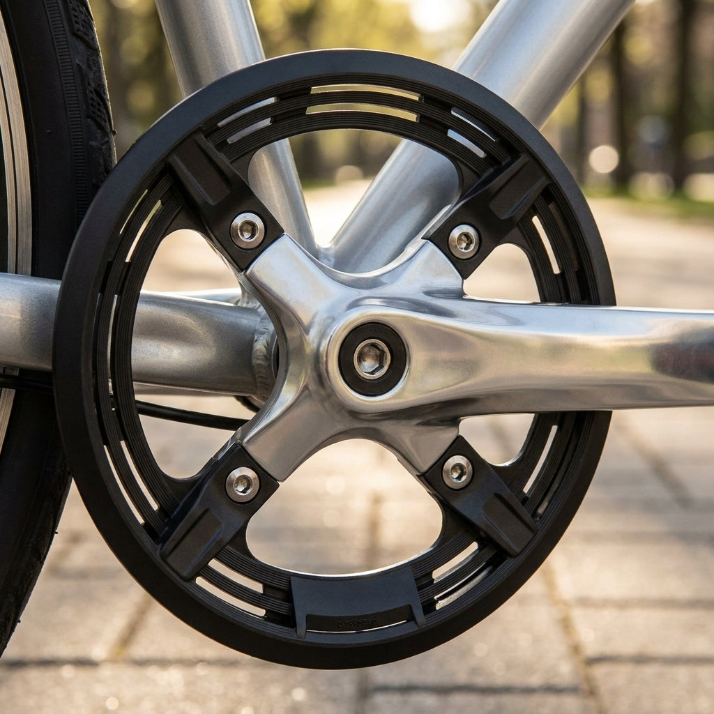 SHIMANO Kettenschutzring 48 Zähne FC-M431 an silberner Fahrradkurbel für sauberen Kettenschutz.