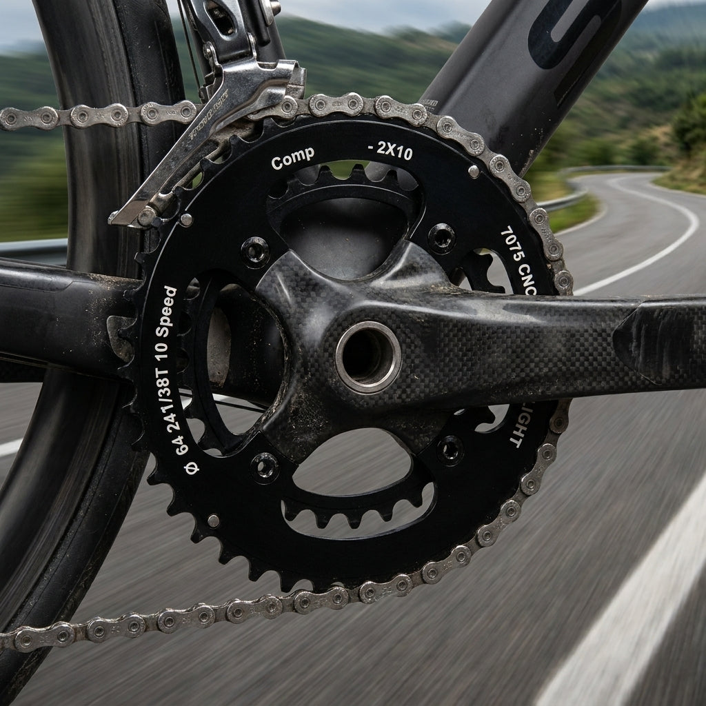 Schwarzes Stronglight Kettenblatt CT2 für 10-fach auf Carbon-Kurbel am Rennrad in Fahrt.