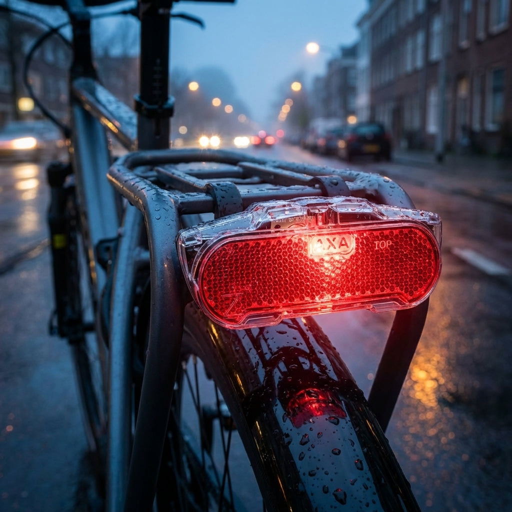 Axa Dynamo-Rücklicht Slim Steady 50mm schwarz-transparent StVZO am Fahrrad-Gepäckträger bei Nässe.