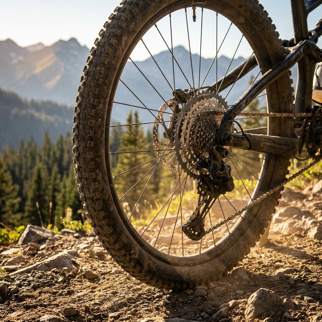 Mountainbike Hinterrad auf Schotterweg mit Stronglight Umbaukit für Shimano Kassette 42Z HT³ und 16Z Stahl Ritzel.