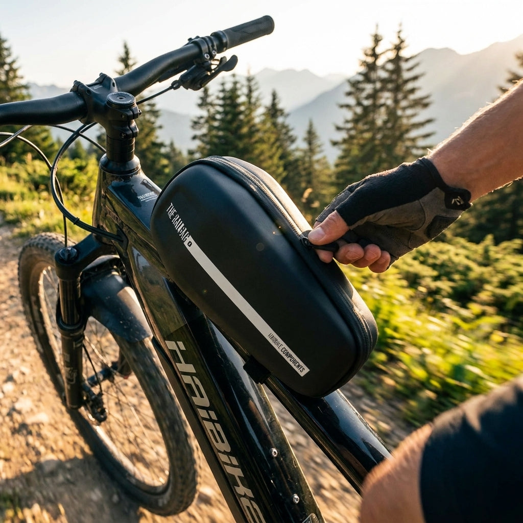 MRS TheRailbag S Rahmentasche schwarz am Haibike Mountainbike, wird von Hand geöffnet.