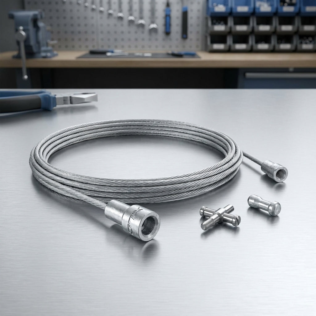 XLC Bremsinnenzug Trommelbremse BR-X89, 2250mm Ø 1,5mm, silbernes Stahlseil mit zwei Nippeln auf Werkbank.