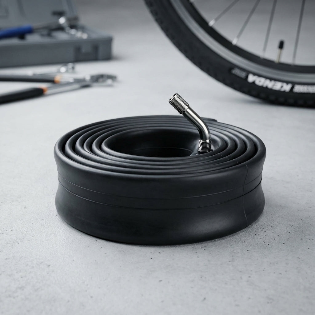 Kenda Fahrradschlauch Reha 10x2 (54-152) AV 45/45° Ventil auf Betonboden, im Hintergrund Fahrradreifen & Werkzeug.