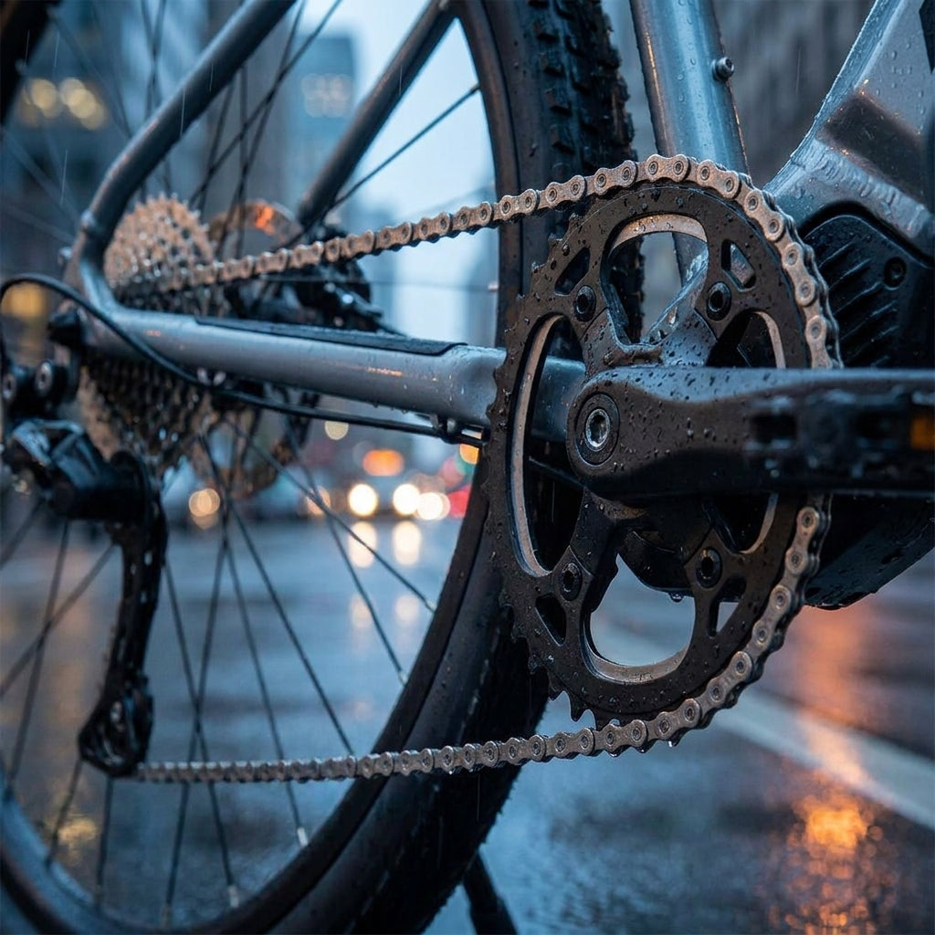 KMC Z1eHX silberne E-Bike Kette, robust für Alltag/Pendler, nass am Fahrrad im Regen.
