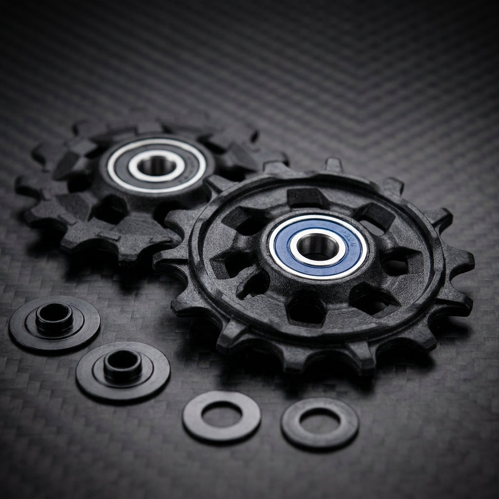 SRAM Eagle 12-fach Schaltrollen-Set mit blauen Keramiklagern und Spacern auf Carbon-Struktur.