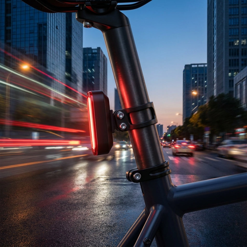 LITEMOVE Rücklicht mit Halterung an 27.2mm Sattelstütze, sicher und modern befestigt in der Stadt bei Nacht.