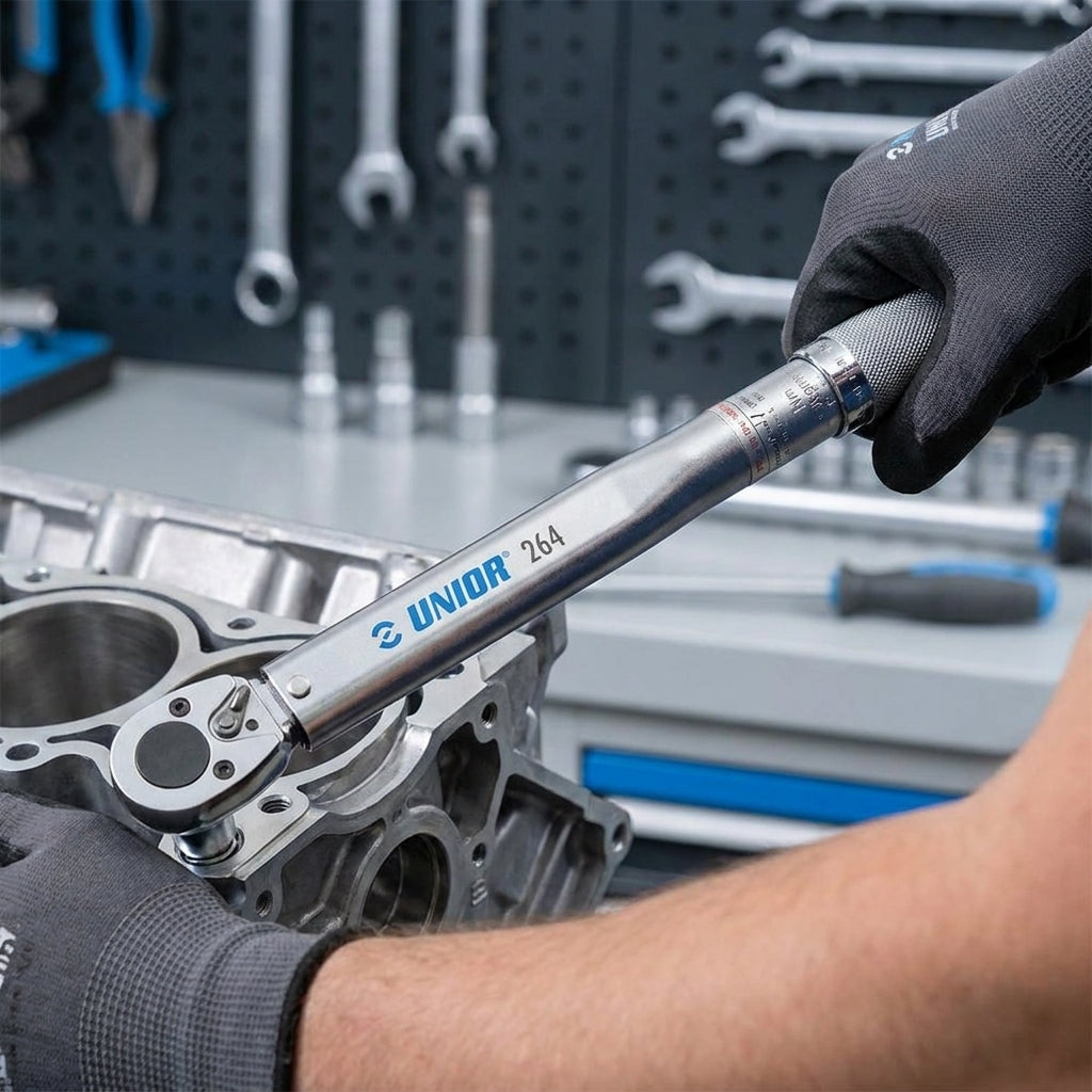 Mechaniker verwendet Unior Drehmomentschlüssel 264 (3/8", 5-110 Nm) an einem Motorblock.