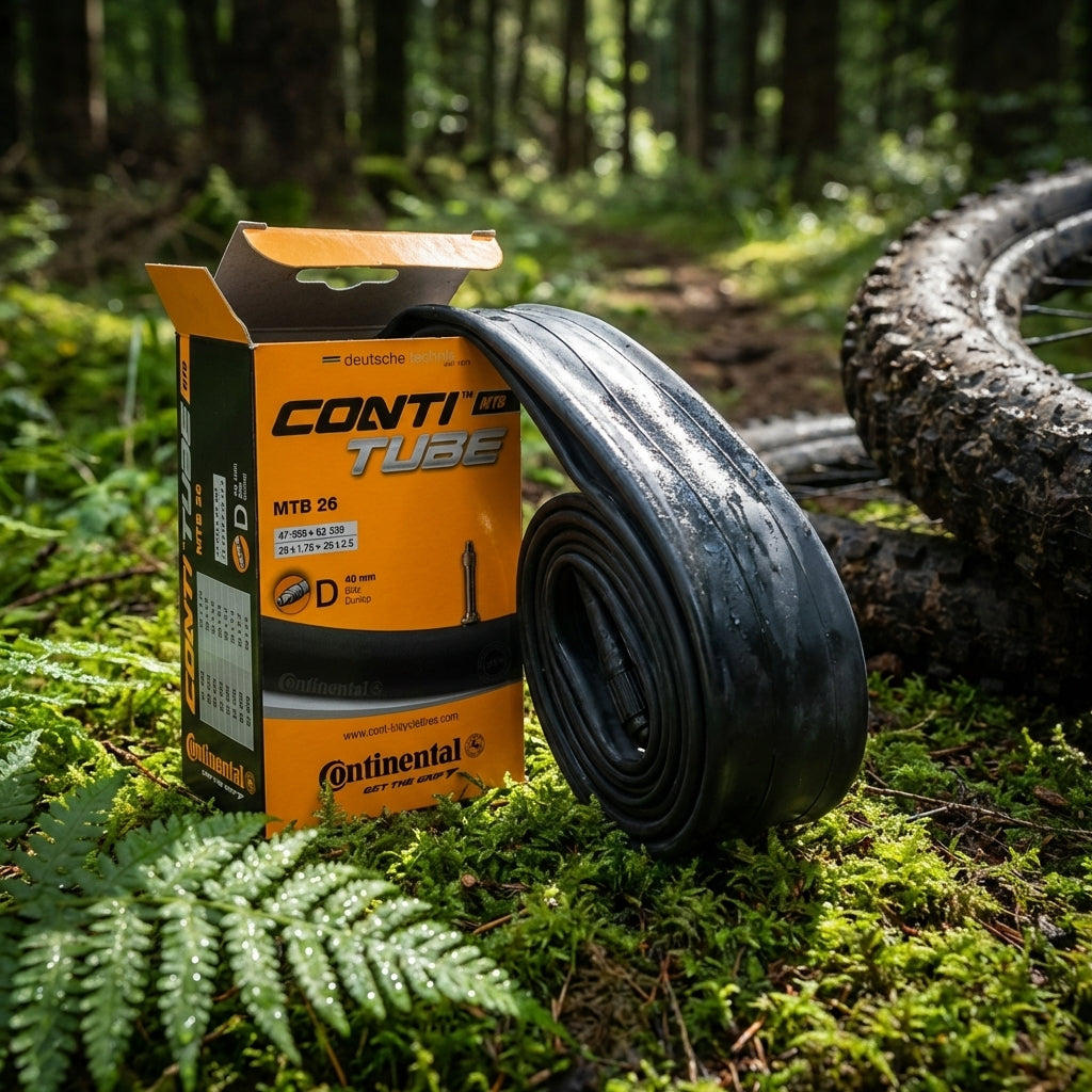 Continental MTB 26 Fahrradschlauch, Dunlop-Ventil 40mm, 26x1.75-2.50 Zoll, auf moosigem Waldboden.