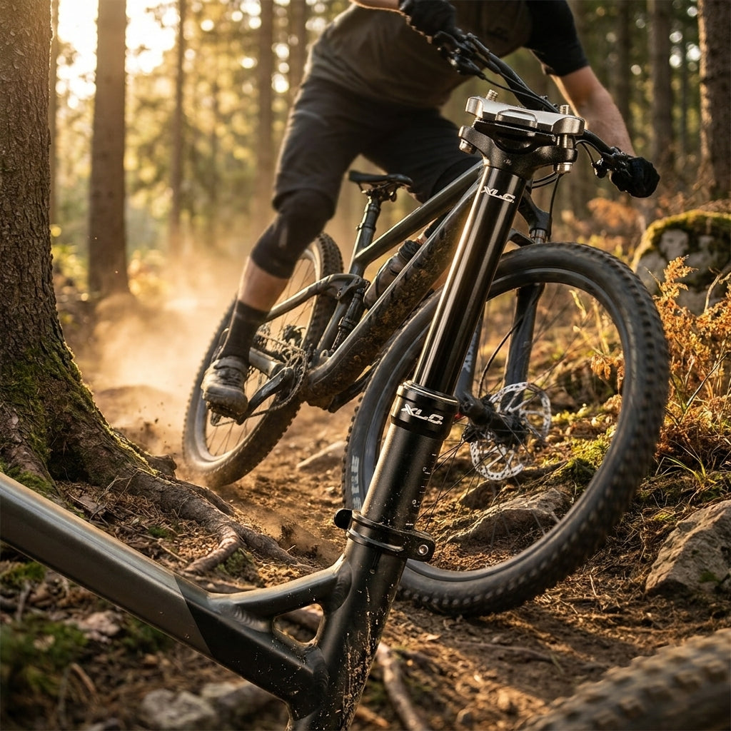 XLC Teleskopsattelstütze All Mtn SP-T05 am Mountainbike beim Fahren auf einem Waldtrail.