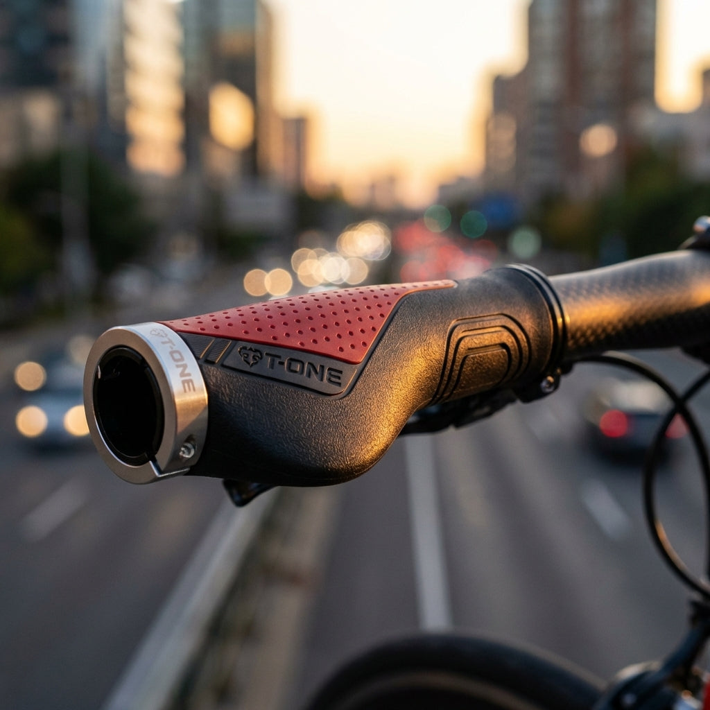 Ergonomische T-One Ripple Ergo Fahrradgriffe in Schwarz-Rot mit Schraubensicherung gegen Taubheitsgefühl.