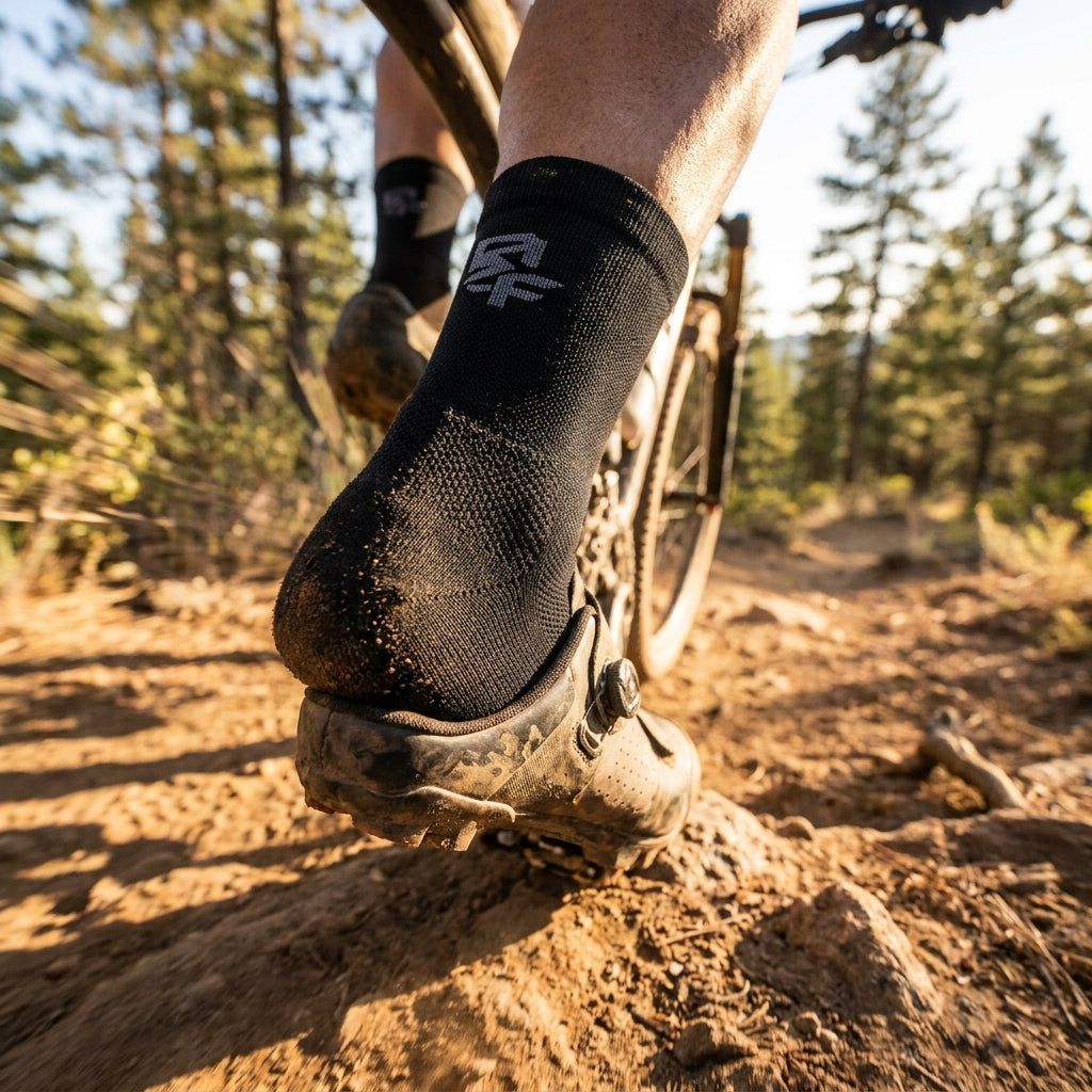 Race Face Logo Coolmax Socken, schwarz S/M. Atmungsaktive Performance-Bikesocken für trockene Füße und optimalen Komfort.