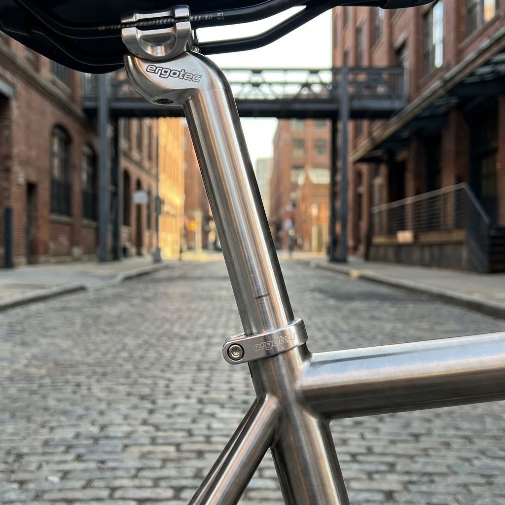 Ergotec Patentsattelstütze silber Alu Ø 30,4mm 350mm am Fahrrad auf Kopfsteinpflaster in urbaner Umgebung.