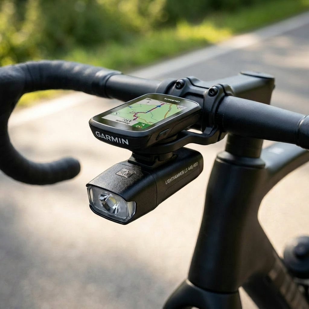 Adapter zur Montage eines Garmin Fahrradcomputers an LIGHTHAMMER LS 440/480 Fahrradbeleuchtung. Saubere Cockpit-Integration.