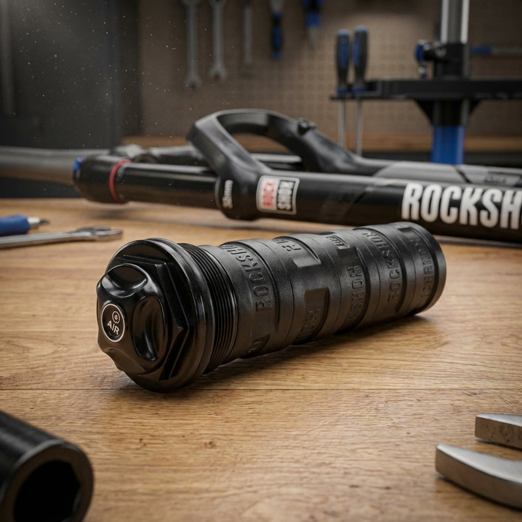 Schwarzes RockShox Bottomless Tokens & Luftkappen Kit für 32mm Gabeln auf Werkbank mit Federgabel im Hintergrund.