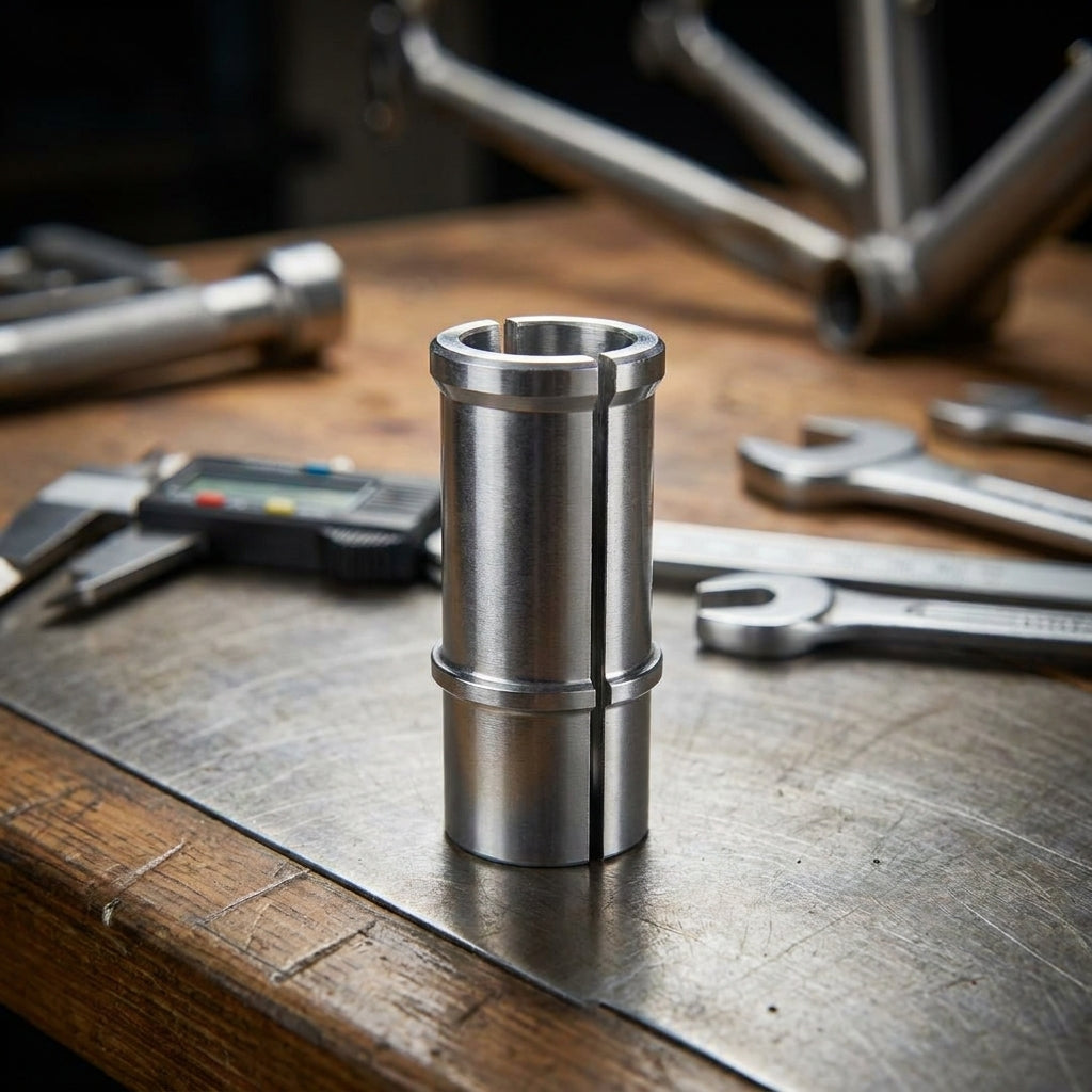 Kalibrierbuchse für Sattelstütze 27,2 auf 29,6-31,8 mm Durchmesser auf Werkbank mit Fahrradwerkzeug.
