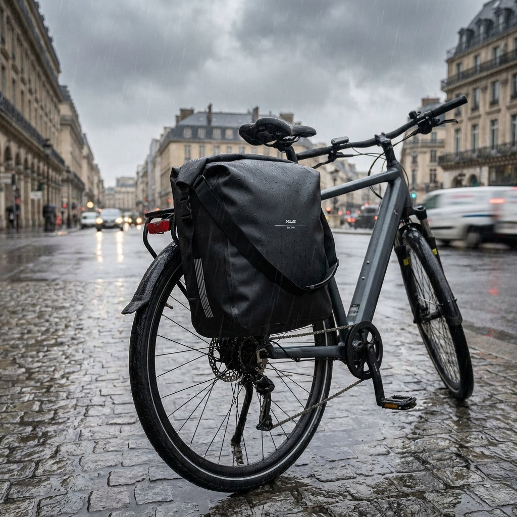 XLC Einzeltasche BA-W41 schwarz wasserdicht am Fahrrad im Regen auf nassem Kopfsteinpflaster in der Stadt.