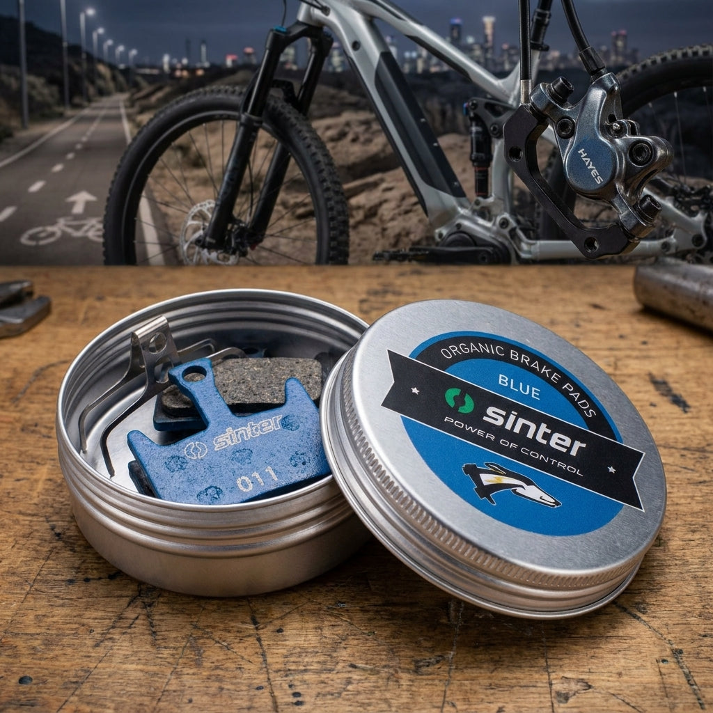 Sinter 011 organische blaue Hayes E-Bike Scheibenbremsbeläge als Set in Dose, mit E-Bike im Hintergrund.