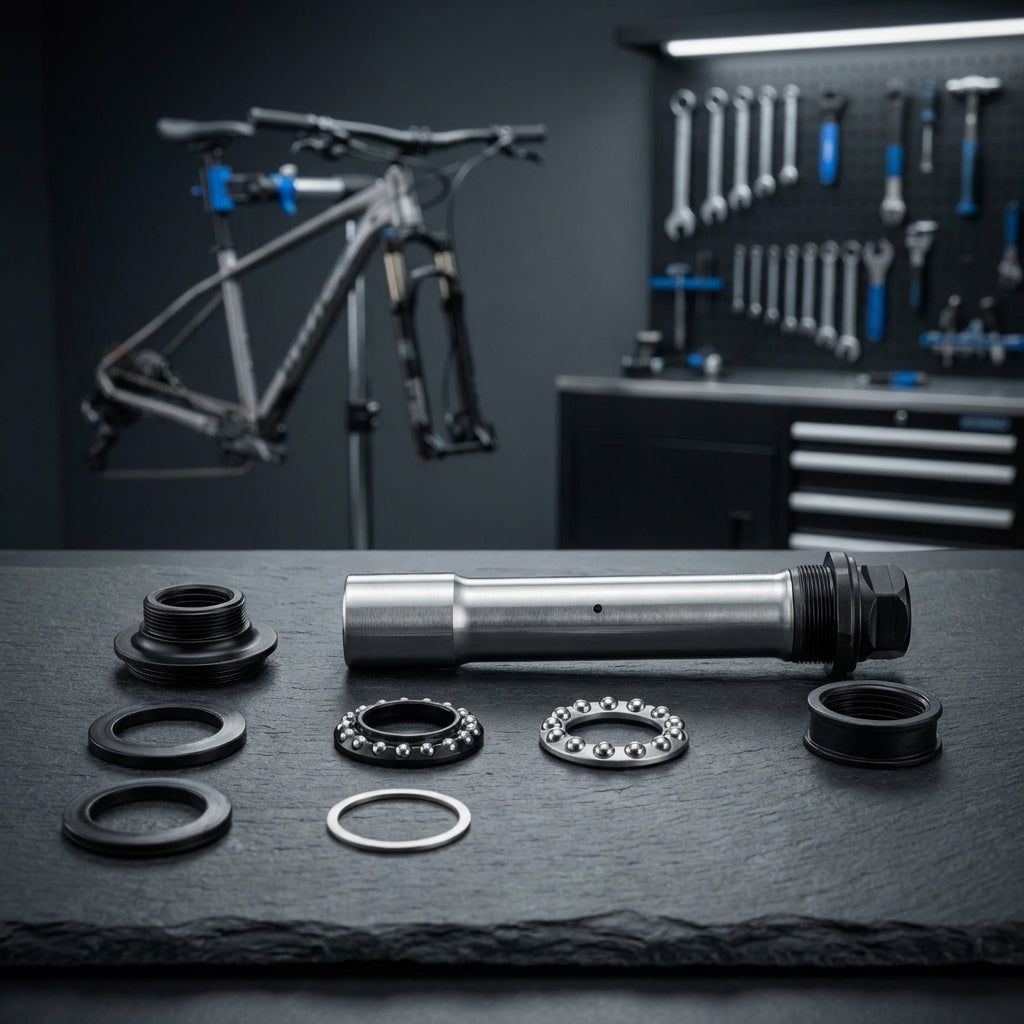 Shimano Hohlachse HB-MT400-B komplett für Vorderradnaben mit Kugellagern und Zubehör in einer Fahrradwerkstatt.