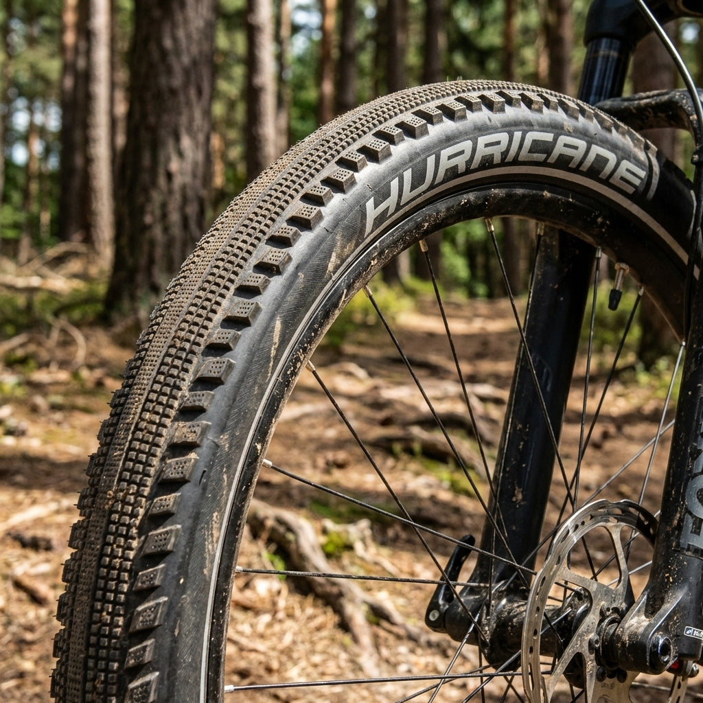 Schwalbe Hurricane Reifen 27.5x2.00" schwarz auf Mountainbike im Wald, Profil und Reflexstreifen sichtbar.