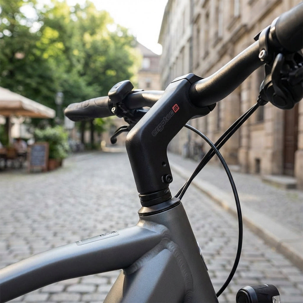 Ergotec Ahead Vorbau High Barracuda Alu schwarz am Fahrradlenker auf Kopfsteinpflasterstraße.
