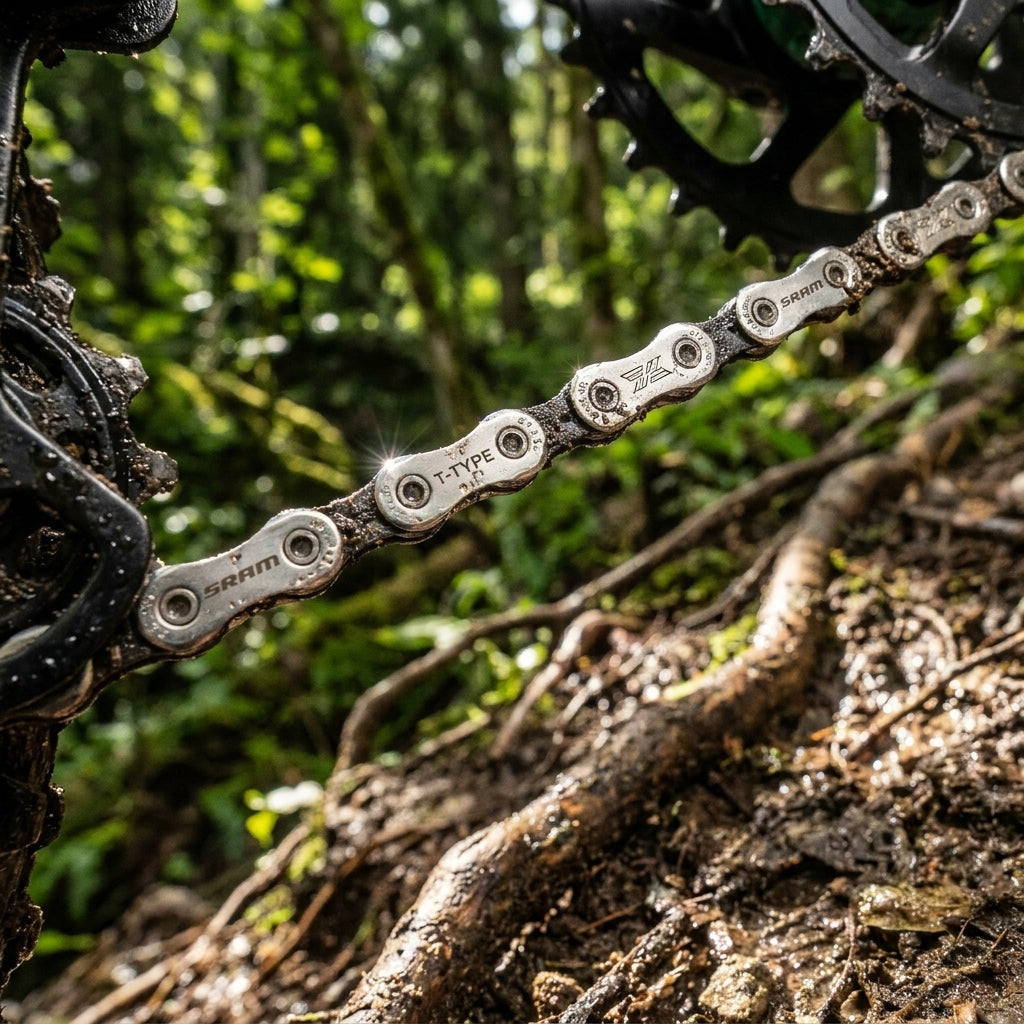 Schmutzige SRAM Eagle 70 Transmission E-MTB Kette 12-fach im Wald, zeigt robuste Schaltperformance.