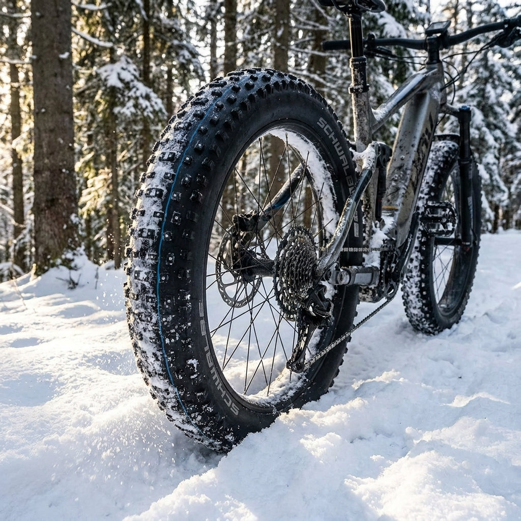 Schwalbe Al Mighty Fatbike-Reifen 26x4.80 im tiefen Schnee, zeigt starken Grip auf winterlichen Trails.
