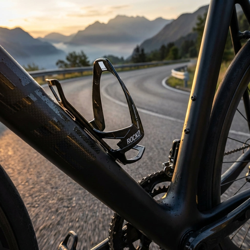 Elite Rocko Carbon Trinkflaschenhalter schwarz glanz am Rennrad auf Bergstraße im Sonnenlicht.
