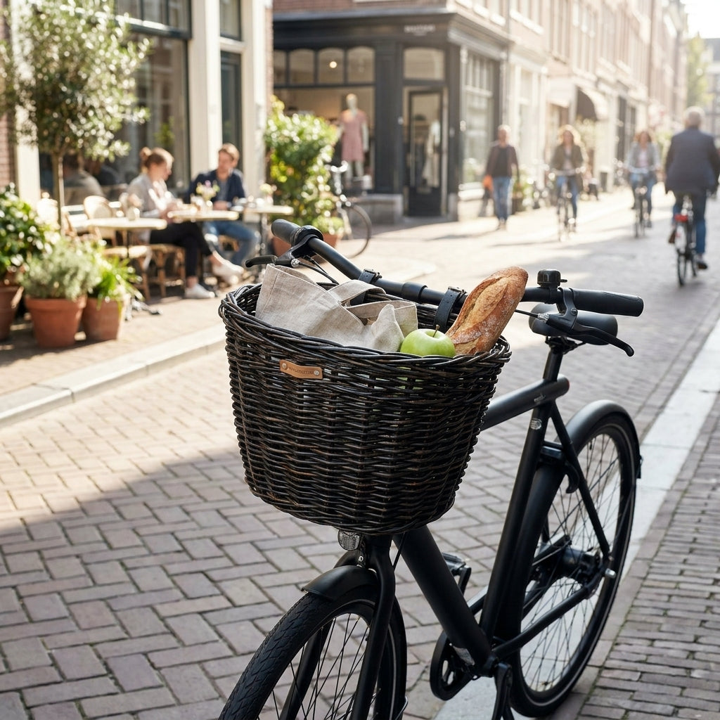 Basil Vorderradkorb Darcy L aus schwarzem Rattan mit Lederdetails. Eleganter Fahrradkorb für Stauraum und Stil in der Stadt.