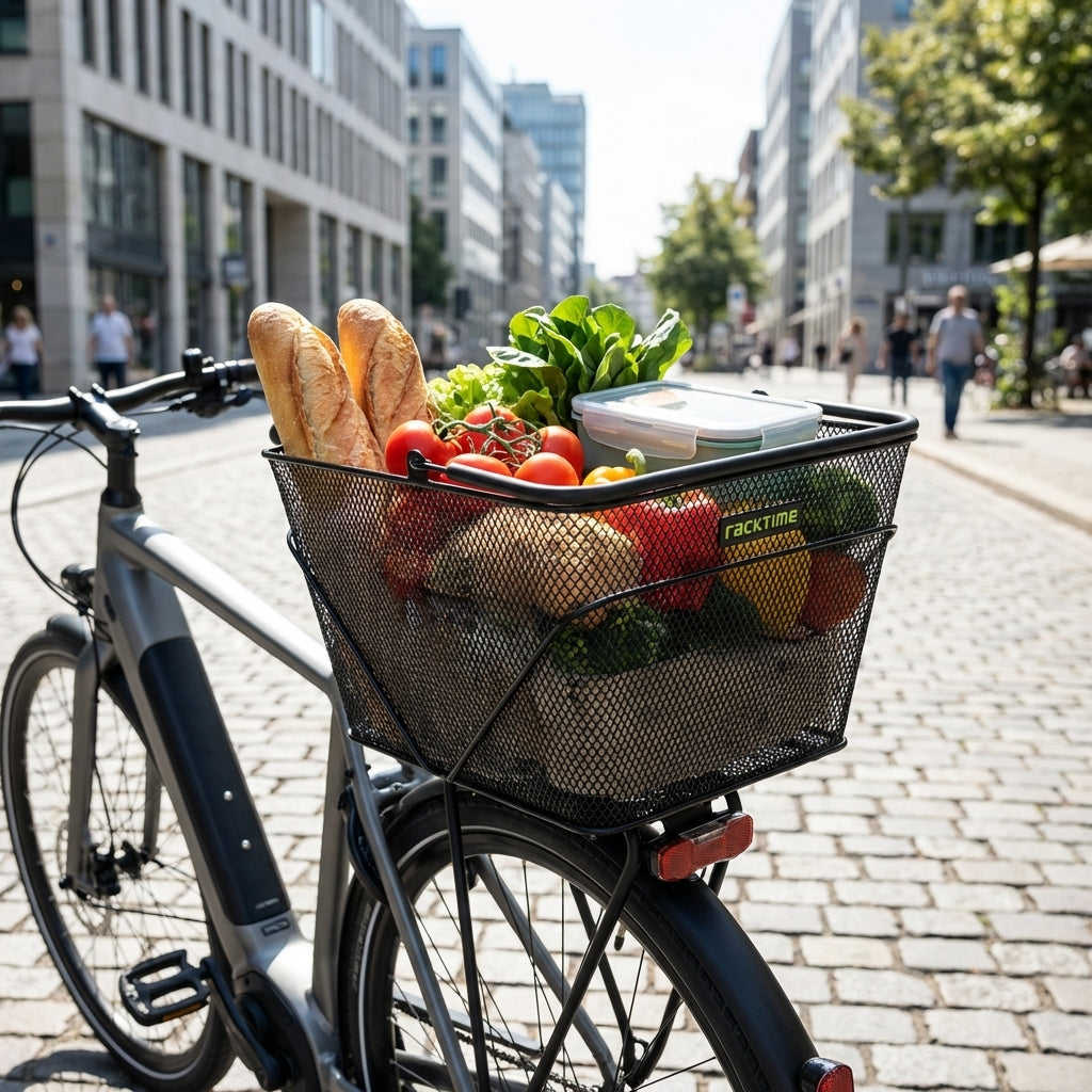 Racktime Baskit Trunk System Korb schwarz mit SnapitAdapter am Fahrrad, gefüllt mit frischen Einkäufen.