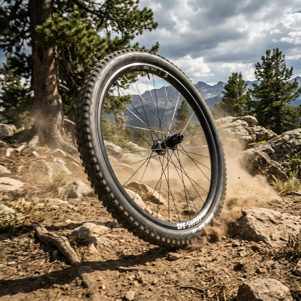 DT Swiss EXC 1200 Classic Enduro Laufrad auf staubigem Mountainbike-Trail, Felsen und Berge im Hintergrund.