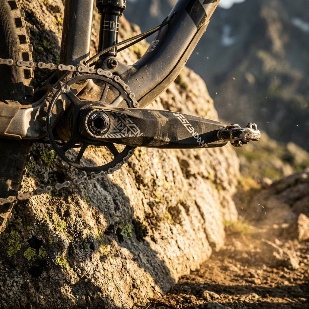 Schwarze Truvativ Descendant Kurbelgarnitur mit 32 Zähne X-Sync2 Kettenblatt am Mountainbike auf Felsweg.