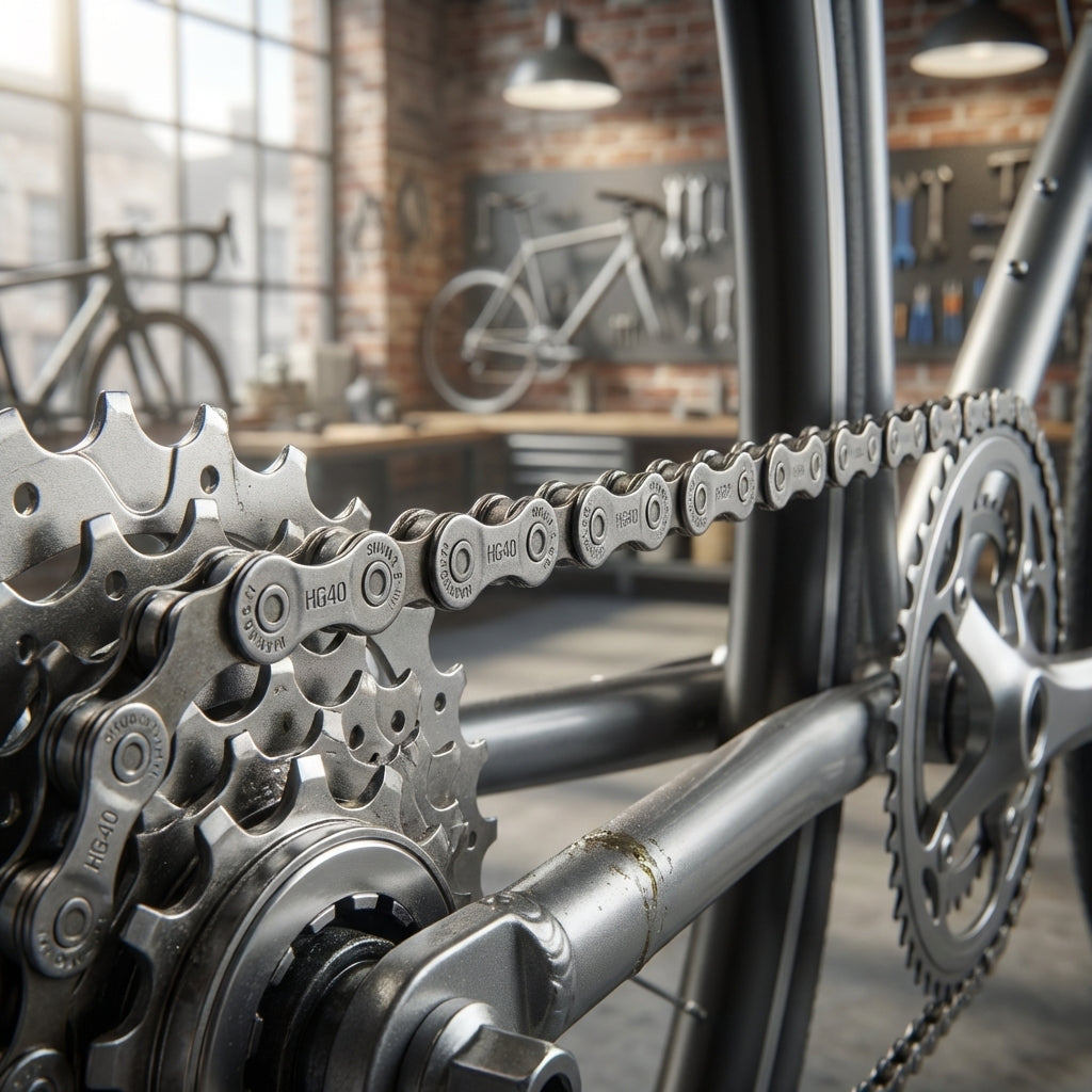 Nahaufnahme Shimano HG40 Fahrradkette auf Kassette & Kurbel. Zuverlässige 6-/7-/8-fach Schaltungsprecision in Werkstatt.