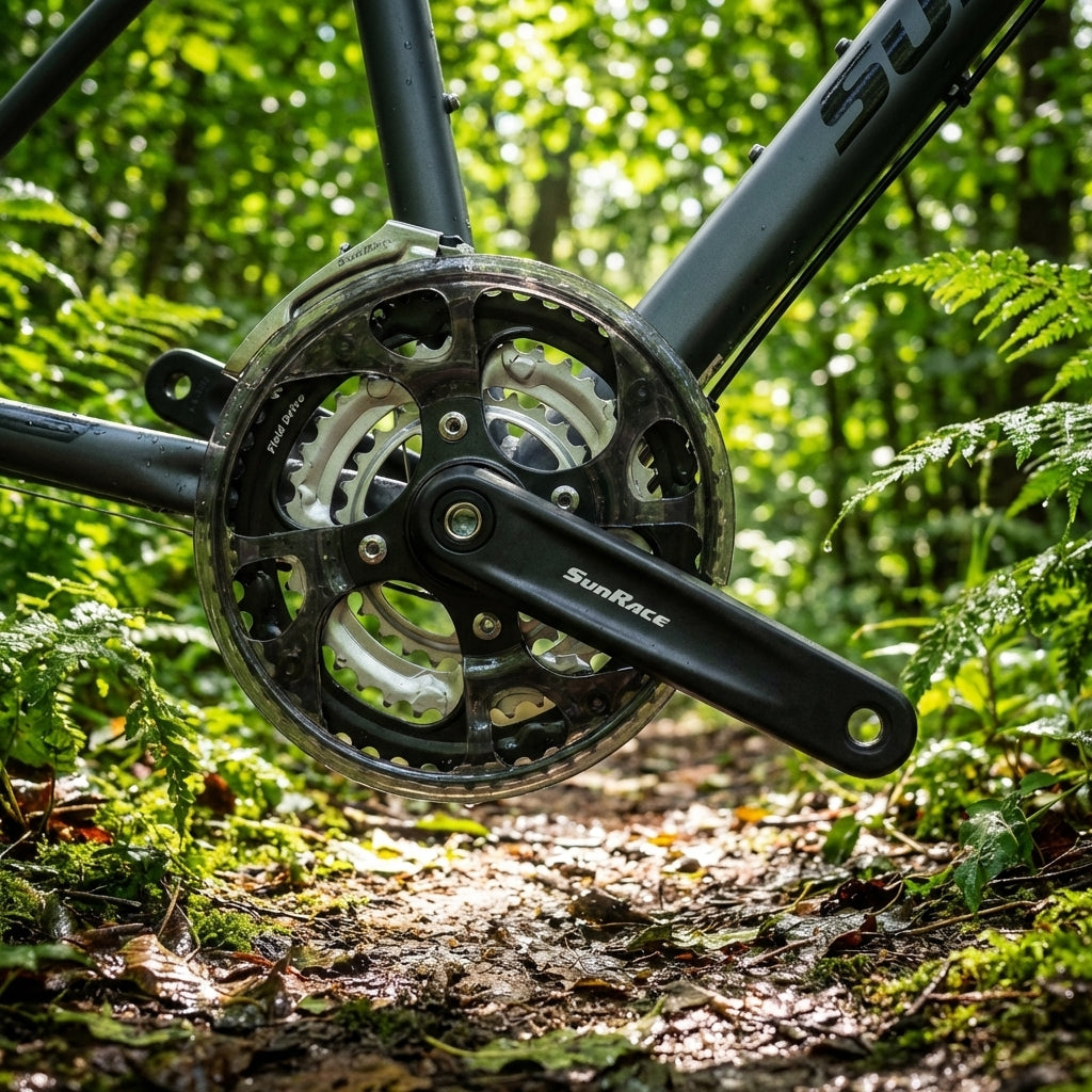 SunRace FCM300 Kurbelsatz schwarz, robuste 3x7/8-fach Trekking-Kurbel, am Rad im Wald.