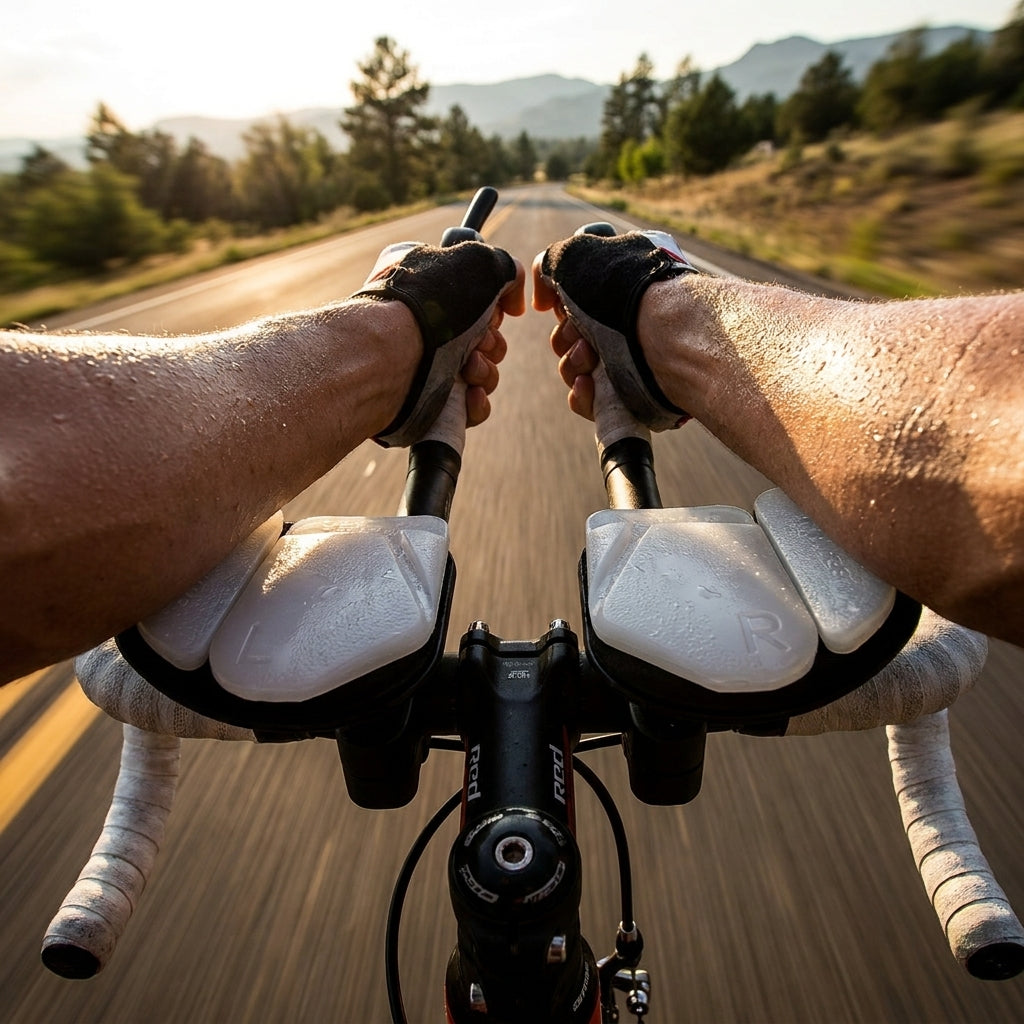 SRAM Red Triathlon Gelpads am Cockpit eines Radfahrers, verschwitzte Arme auf sonniger Straße.